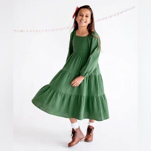 Vivie & Ash Tiered Long Sleeve Cotton Midi Dress in Myrtle Green Size 7